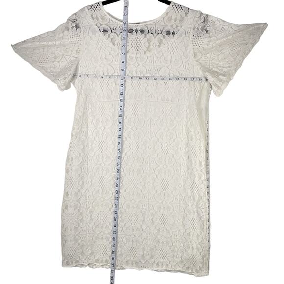 Womens DB Floral Lace Shift Dress Zip Up Lined White Sweet Flared Short Slv  12 - Picture 9 of 13